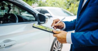 businessman in suit and car auto insurance agent assess car damage, discussing deductible, claims, coverage options comprehensive and collision insurance, completing necessary forms and appraisals.