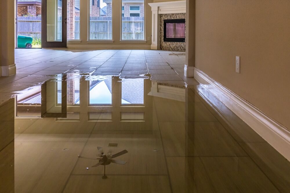 A home experiencing water damage with standing water covering a tile hallway and living room floor.